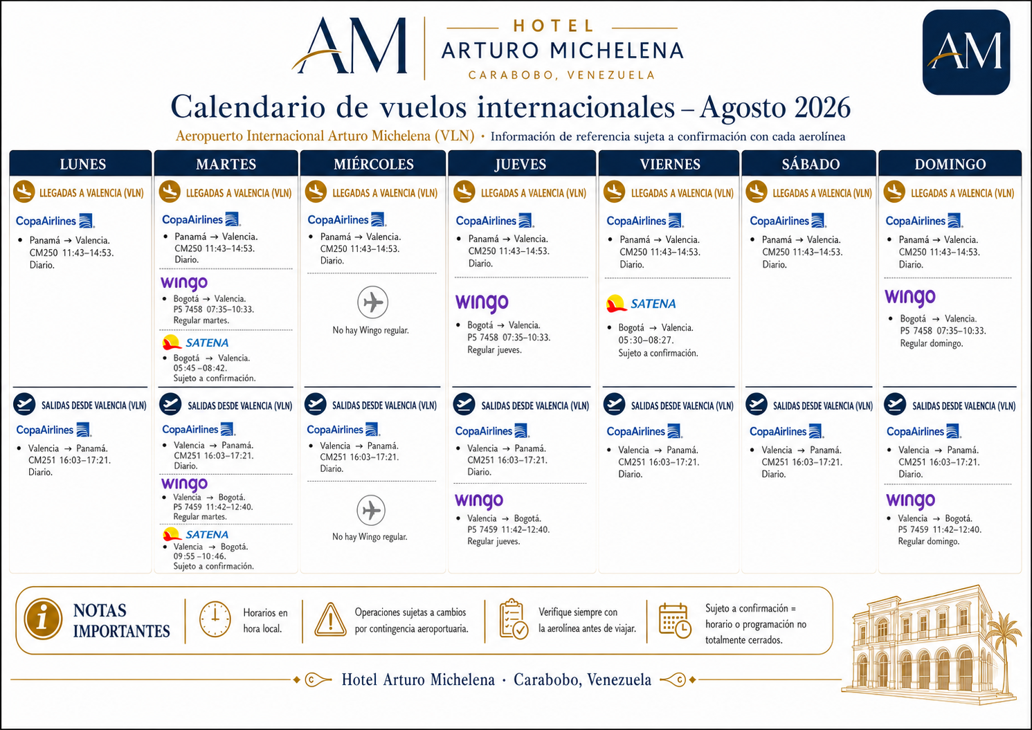 Calendario de Vuelos Agosto 2026
